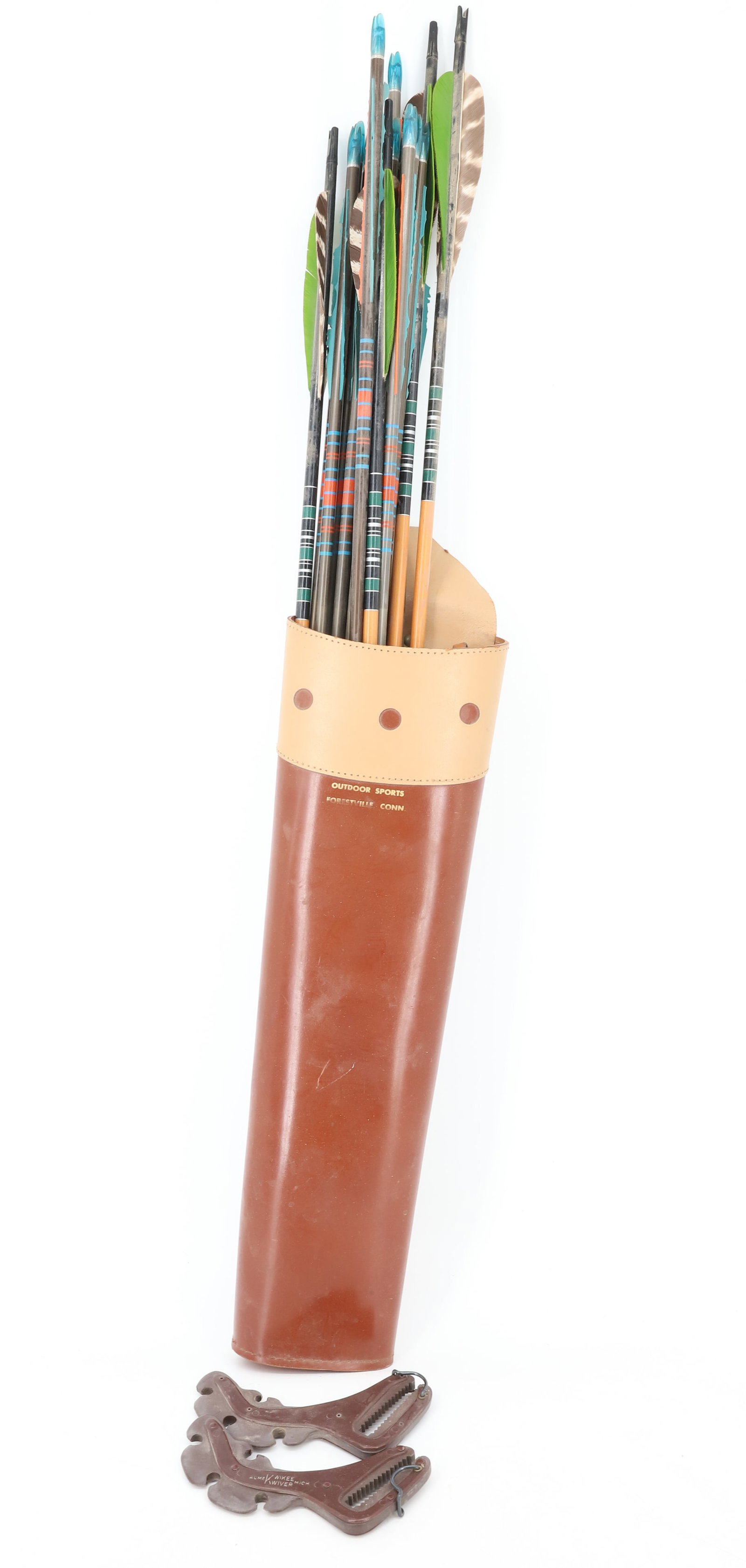 LOT OF ARROWS AND QUIVER: SOME ARROWS MRKD. "GAME GETTER". QUIVER MRKD. "OUTDOOR SPORTS". PLEASE READ CAREFULLY - Terms for Purchasing and Shipping of Auction Items. Please read carefully before bidding. Hartzell’s Aucti