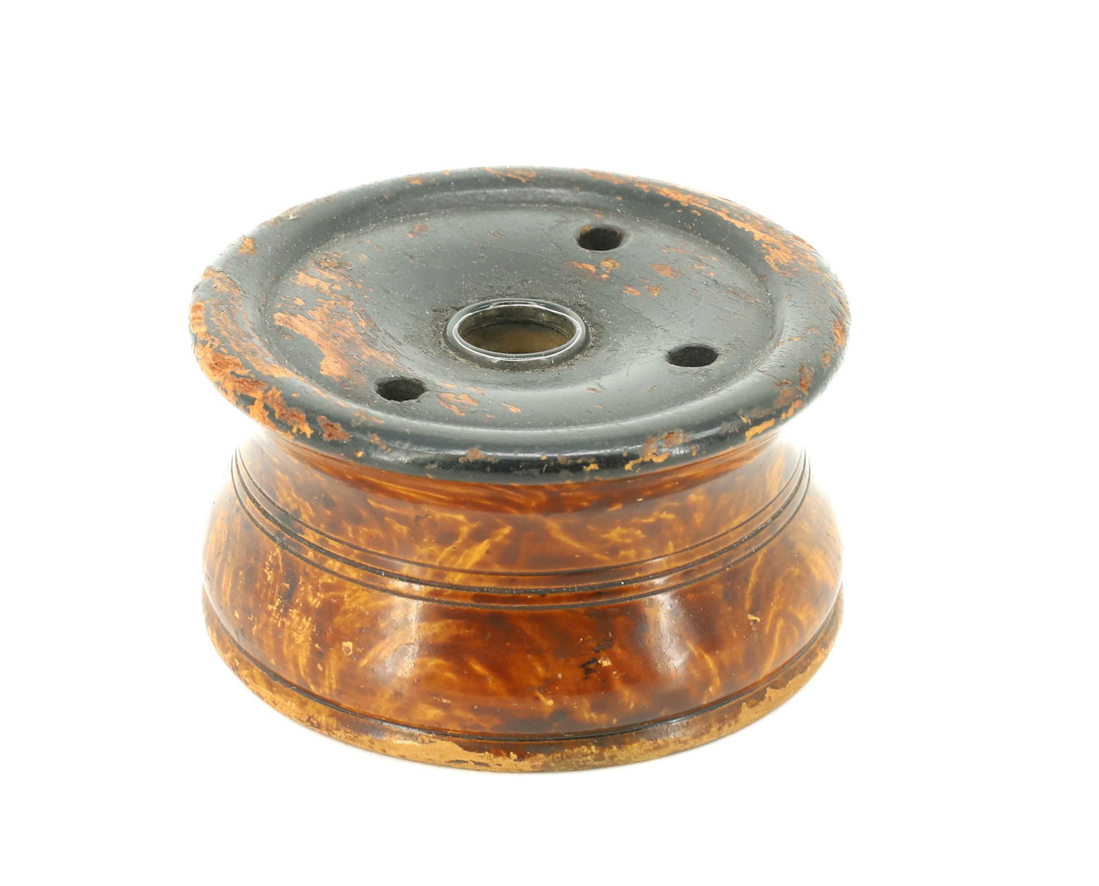 WOODEN INKWELL: SPONGE PAINTED SIDES. INTERIOR GLASS WELL. 3 1/2" D. PLEASE READ CAREFULLY - Terms for Purchasing and Shipping of Auction Items. Please read carefully before bidding. Hartzell’s Auction Gallery.
