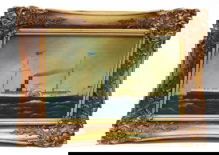 FRAMED OIL ON CANVAS, JEMES: DEPICTS A PADDLESTEAMER OF 19TH/20TH C. AMERICAN FLAG ON STERN. SGND. "JEMES" BOTTOM RIGHT. ORNATE GOLD FRAME. 9 1/4" X 15"