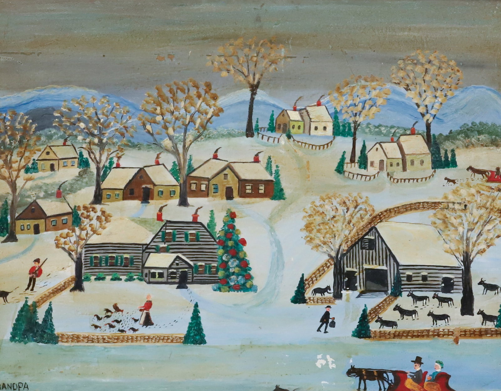 FOLK ART OIL ON BOARD, GRANDPA SOMMER: WINTER SCENE DEPICTING VILLAGE WITH SNOW COVERED GROUND, WOMAN FEEDING CHICKENS, HUNTER, COUPLE ON SLEIGH AND MORE. SGND. BOTTOM LEFT. 14 3/4" X 18 1/2" SIGHT VIEW. TOTAL SIZE 21 1/2" X 25 1/2". PLEAS