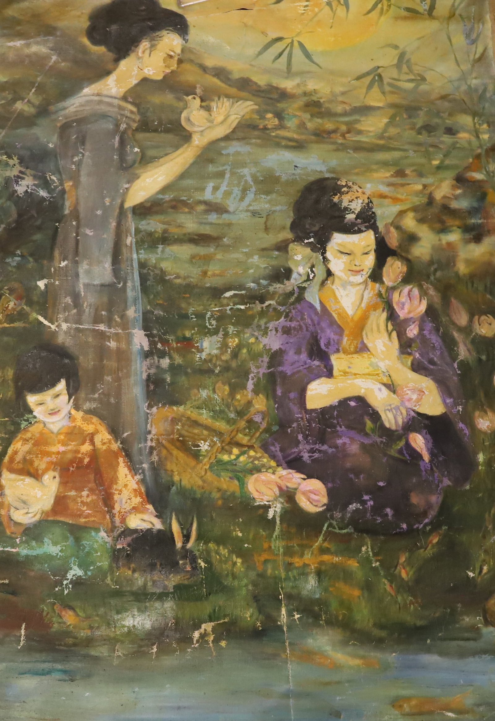 ASIAN-THEMED OIL ON CANVAS PAINTING: PAIR OF CHILDREN WITH RABBIT AND FLOWERS WITH MOTHER HOLDING BIRD. CANVAS ONLY (NO STRETCHERS OR FRAME). 50" X 32" SYMBOL IN UPPER RIGHT HAND CORNER. PLEASE READ CAREFULLY - Terms for Purchasing and S