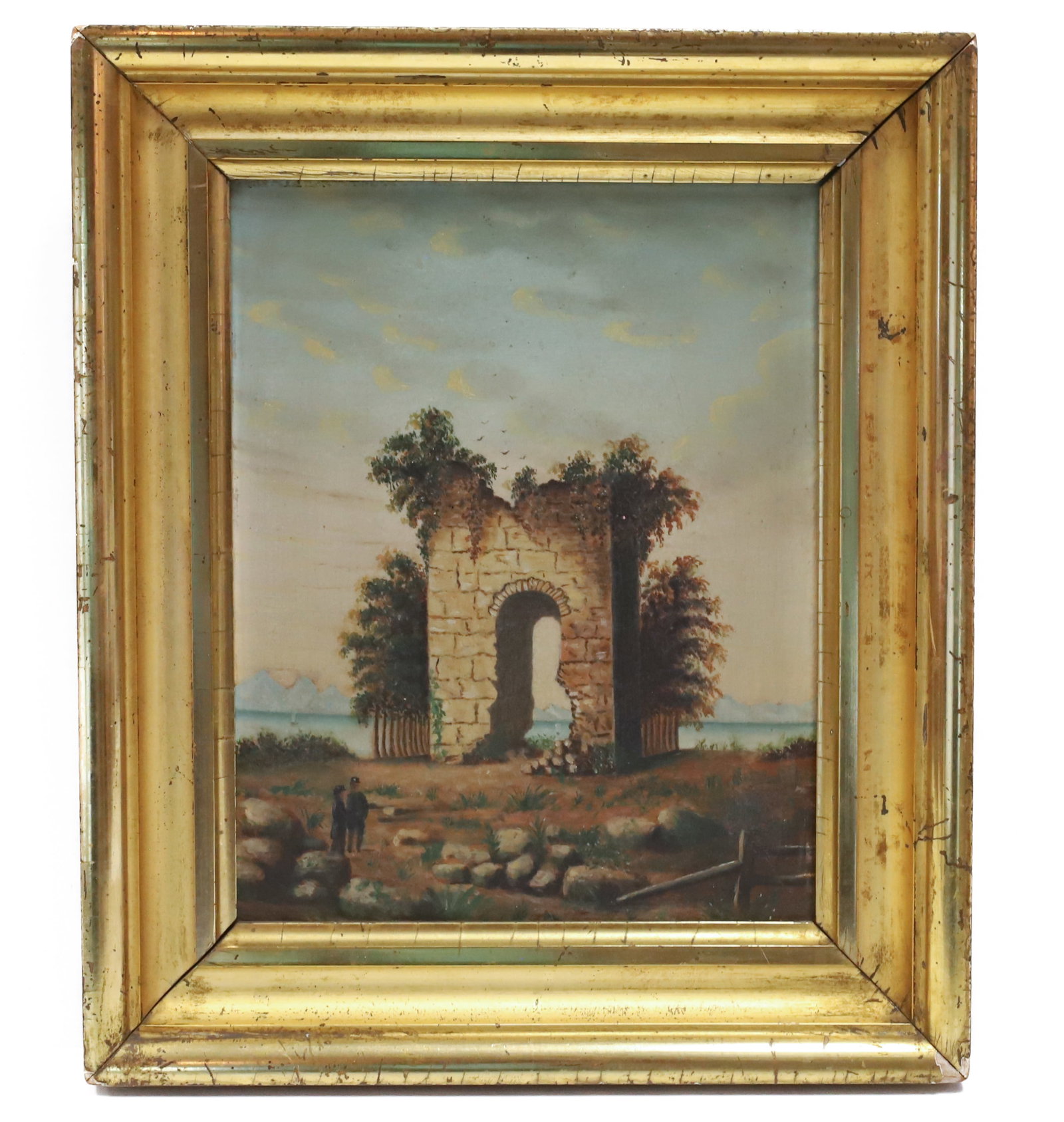 OIL ON BOARD, STONE ARCHWAY: EUROPEAN VIEW OF STONE ARCHWAY WITH WATER AND MOUNTAINS IN BACKGROUND. A COUPLE STANDING IN FOREGROUND. UNSIGNED. FRAMED. TOTAL SIZE 13" X 11". PLEASE READ CAREFULLY - Terms for Purchasing and Shippin