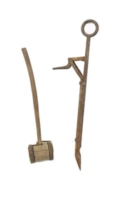 HAY BALE HARPOON AND WOODEN MALLET