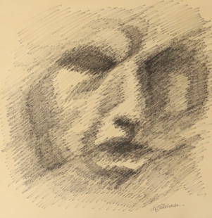 INK ON PAPER, M. FIDELMAN: PORTRAIT (FACE) SGND. BOTTOM RIGHT. UNDERNEATH IN PENCIL "THE RABER" REMBRANDT VAN RYN PORTRAIT LIGHT STUDY (PAINTED 1657). MATTED AND FRAMED UNDER GLASS. 17" X 17 1/2" TOTAL SIZE. PLEASE READ CAREFUL