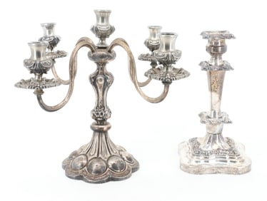 SILVERPLATE CANDELABRA AND CANDLESTICK