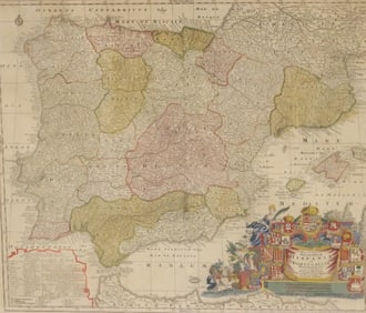 18TH C. HAND COLORED MAP, SPAIN / PORTUGAL