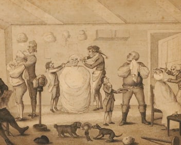 19TH C. SATIRICAL PRINT "A BARBERS SHOP"