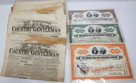 LOT OF 19TH C. NEWSPAPERS AND STOCK CERTIFICATES