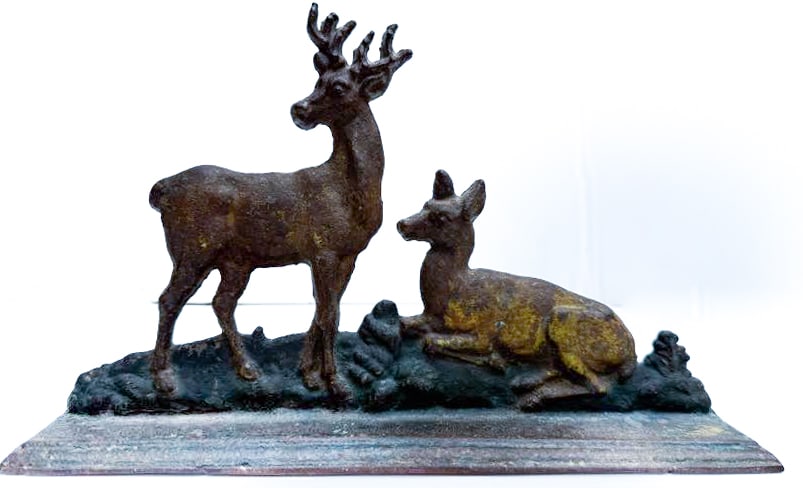 CAST IRON DEER DOORSTOP: PAINTED SURFACE. BUCK AND DOE. 8" X 12 3/4". PLEASE READ CAREFULLY - THIS IS AN ONLINE ONSITE ONLY AUCTION - Terms for Purchasing and Shipping of Auction Items. Please read carefully before bidding. H