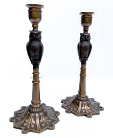 PAIR OF BRASS "OWL" CANDLESTICKS