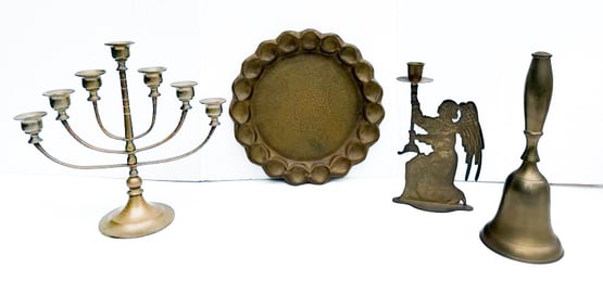 BRASS TRAY, BELL, CANDELABRA AND CANDLE HOLDER