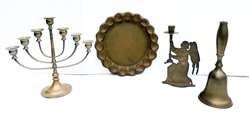 BRASS TRAY, BELL, CANDELABRA AND CANDLE HOLDER (1 of 6)