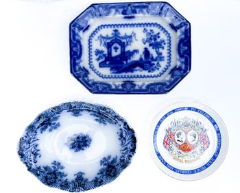 LOT OF FLOW BLUE AND COMMEMORATIVE PLATE
