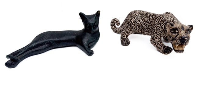 POTTERY JAGUAR AND BRASS CAT