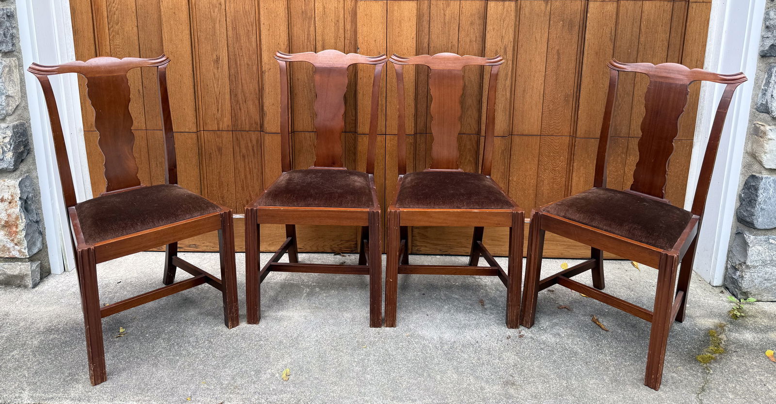 (4) ENGLISH CHIPPENDALE-STYLE SIDE CHAIRS: DROP-IN VELVET UPHOLSTERED SEATS. BRASS PLAQUE ON CHAIR FRAME "PIONEER STORES LIMITED, LIVERPOOL". NUMBERED 2, 3, 4 AND 5. 37 1/2" X 19" X 16". PLEASE READ CAREFULLY - THIS IS AN ONLINE ONSITE ONLY AU