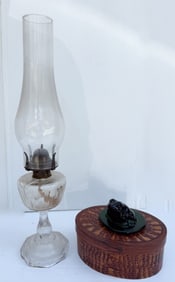 KEROSENE LIGHT, GLASS FROG AND SHAKER-STYLE BOX