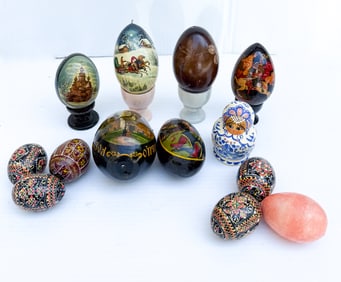COLLECTION OF DECORATED EGGS AND CUPS
