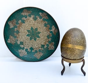 BRASS EGG / STAND AND ENAMELED BOWL