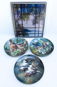 LOT OF BIRD PLATES AND STAINED GLASS-TYPE PANEL