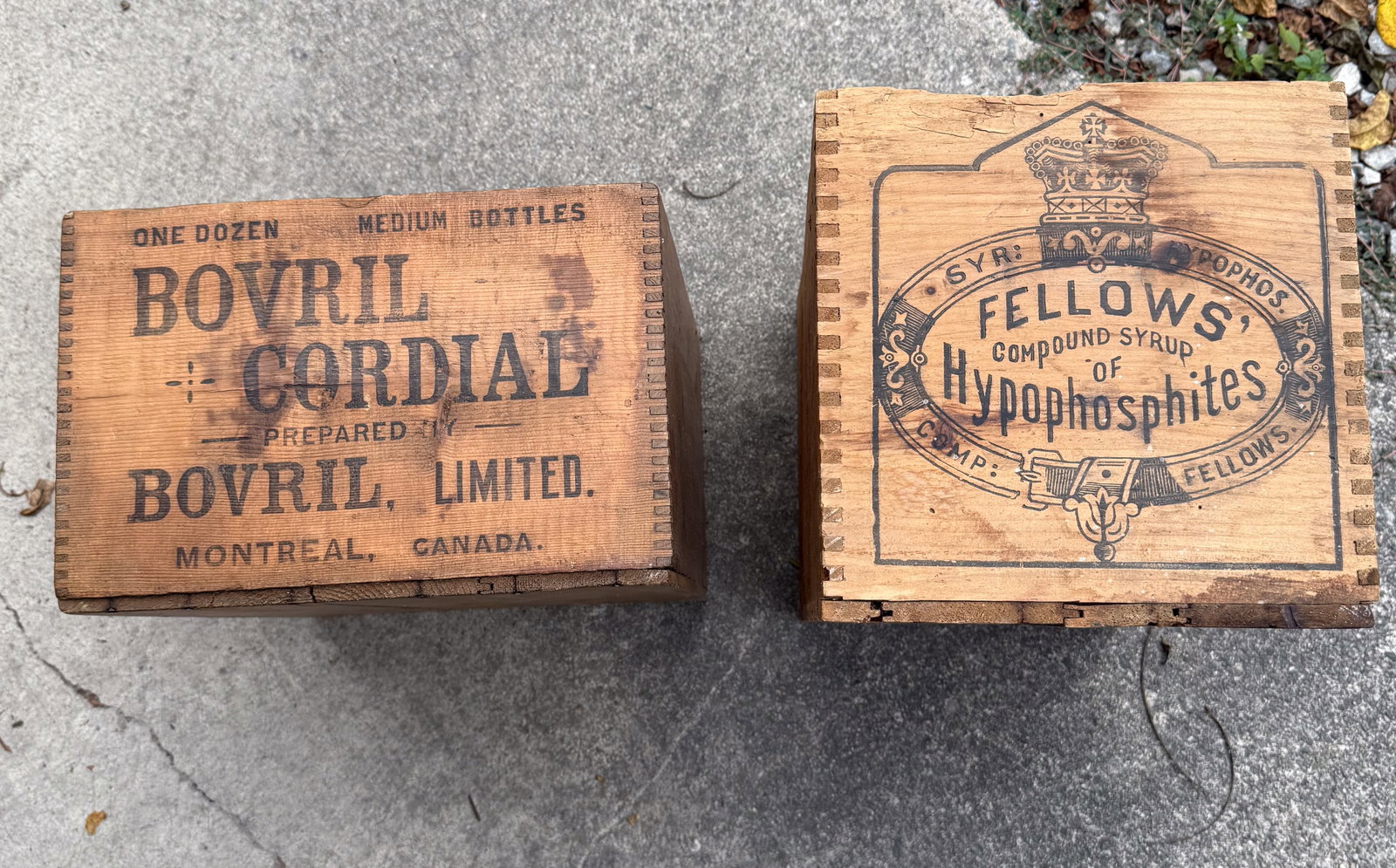 (2) WOODEN ADVERTISING CRATES: "BOVRIL CORDIAL, MONTREAL CANADA" 7 3/4" X 11 3/4" X 14 3/4" AND "FELLOWS' COMPOUND SYRUP OF HYPOPHOSPHITES" 9 1/4" X 17 1/4" X ;9". PLEASE READ CAREFULLY - THIS IS AN ONLINE ONSITE ONLY AUCTION - Ter