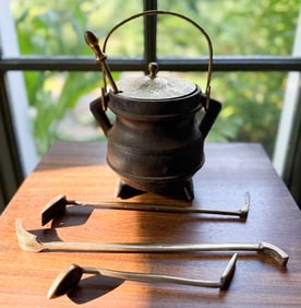 CAST IRON SMUDGE POT AND BRASS TOOLS