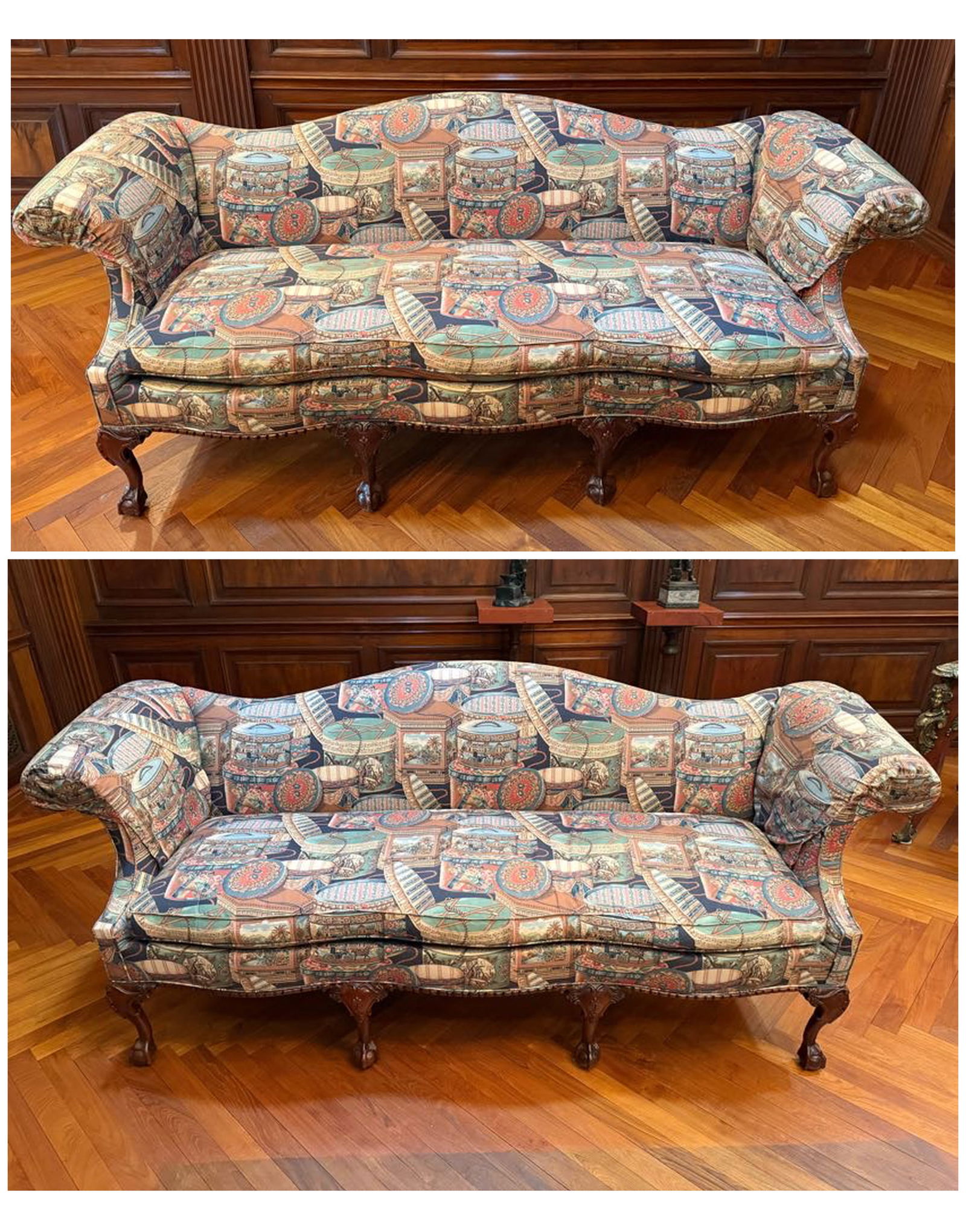 PAIR OF CUSTOM "SOUTHWOOD, HICKORY, NORTH CAROLINA" CAMELBACK SOFAS (1 of 8)
