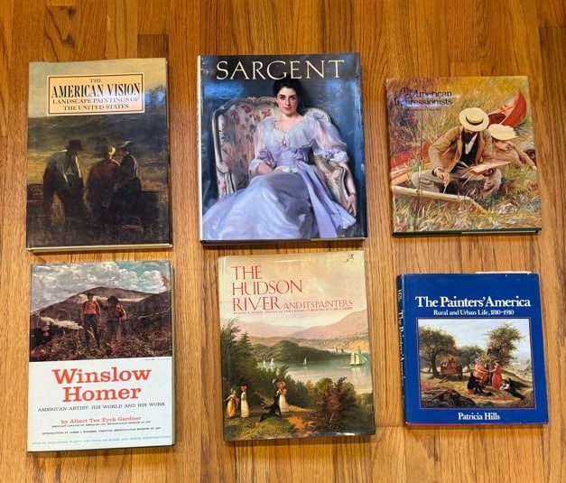 LOT OF AMERICAN PAINTERS REFERENCE BOOKS: INCLUDING: WINSLOW HOMER, AMERICAN ARTIST: HIS WORLD AND HIS WORK. THE PAINTERS' AMERICA, RURAL AND URBAN LIFE, 1810-1910. THE HUDSON RIVER AND ITS PAINTERS. THE AMERICAN IMPRESSIONISTS. THE AMERICAN