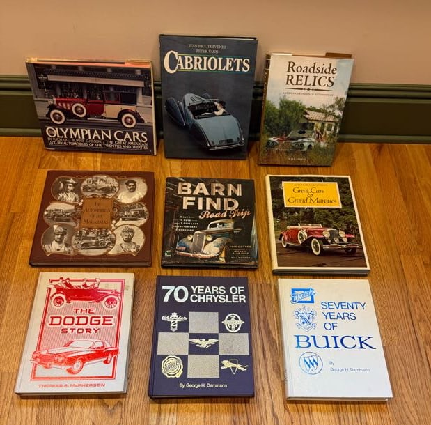 LOT OF AUTOMOBILE REFERENCE BOOKS, COFFEE TABLE: INCLUDING: SEVENTY YEARS OF BUICK. THE DODGE STORY. 70 YEARS OF CHRYSLER. BARN FIND ROAD TRIP. ROADSIDE RELICS. THE AUTOMOBILES OF THE MAHARAJAS. THE OLYMPIAN CARS. AND MORE. PLEASE READ CAREFULLY - T