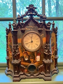LARGE CAST IRON FRONT PAINTED MANTLE CLOCK