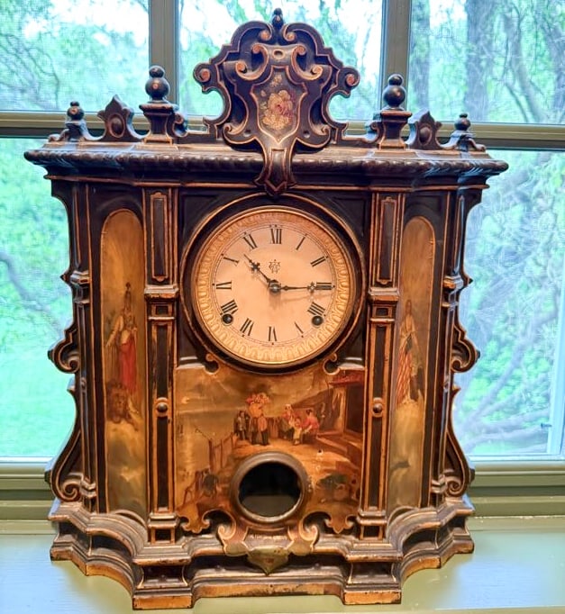 LARGE WATERBURY CLOCK CO. CAST IRON FRONT MANTLE CLOCK (1 of 7)