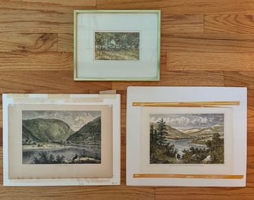 EDWARD MACH WATERCOLOR AND PAIR OF DELAWARE WATER GAP ENGRAVINGS