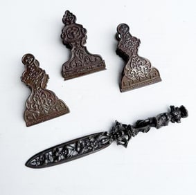 (3) CAST IRON CLIPS AND LETTER OPENER