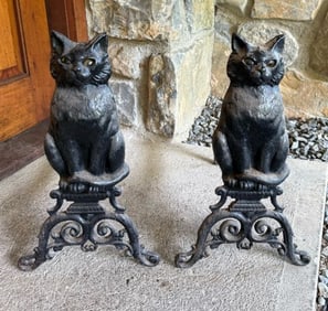 BLACK PAINTED CAT ANDIRONS