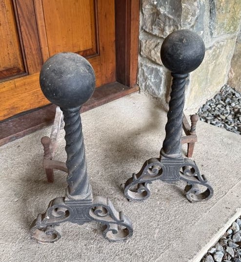 PAIR OF ANTIQUE ANDIRONS: CANNONBALL TOPS ON TWISTED COLUMNS ON SCROLL FEET. 20 1/2" X 10 3/4" X 21" DEEP. PLEASE READ CAREFULLY - THIS IS AN ONLINE ONSITE ONLY AUCTION - Terms for Purchasing and Shipping of Auction Items. Ple