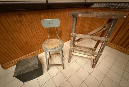VINTAGE MILK BOX, STOOL, AND WOODEN RACK