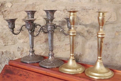 BRASS AND SILVERPLATE CANDLESTICKS