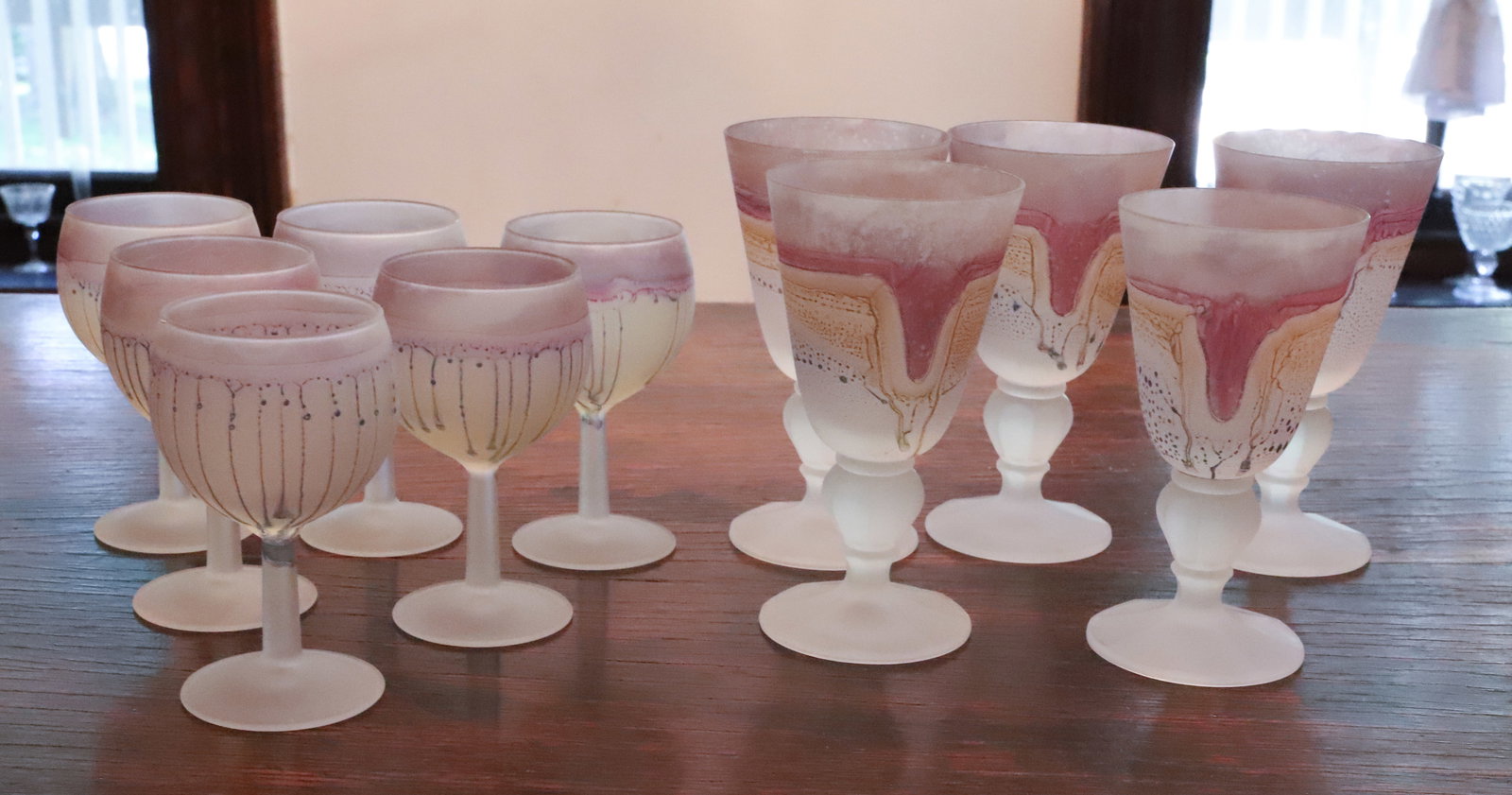 LOT OF ART GLASS STEMMED GLASSES: FROSTED AND DRIP DECORATED. INCLUDING: (5) 6 1/8" AND (6) 4 3/4" X 2 1/2". PLEASE READ CAREFULLY - THIS IS AN ONLINE ONLY AUCTION - Terms for Purchasing and Shipping of Auction Items. Please read care
