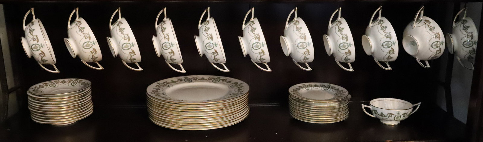(47) PIECE MINTON DINNER SET: SERVICE FOR 12. MINTON "ADAM" SET. BONE CHINA, MADE IN ENGLAND. DINNER PLATE 10 5/8" D. ONE SIDE PLATE MISSING. PLEASE READ CAREFULLY - THIS IS AN ONLINE ONLY AUCTION - Terms for Purchasing and Shippi