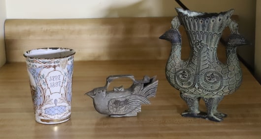 CORONATION CUP, BIRD VASE AND CARVED BIRD