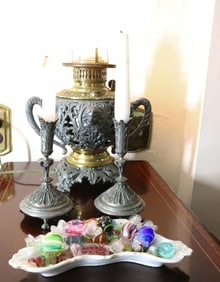 OIL LAMP, CANDLESTICKS AND GLASS CANDY