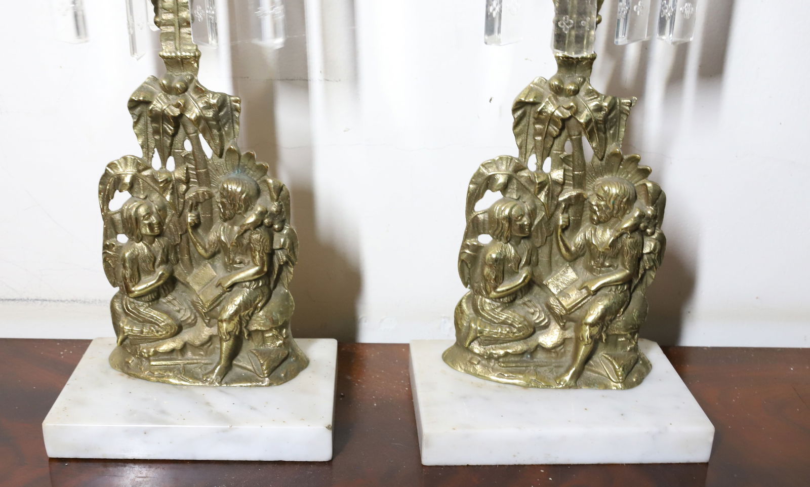 PAIR OF VICTORIAN GIRANDOLES, CANDLESTICKS: FIGURAL OF MAN READING TO ANOTHER. MARBLE BASES WITH PRISMS. 14 3/4" H. PLEASE READ CAREFULLY - THIS IS AN ONLINE ONLY AUCTION - Terms for Purchasing and Shipping of Auction Items. Please read careful