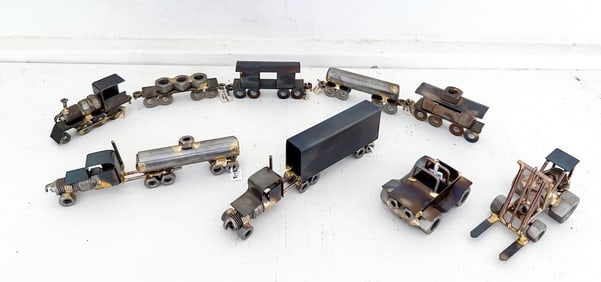 LOT OF FOLK ART TRUCKS, TRAIN AND MORE