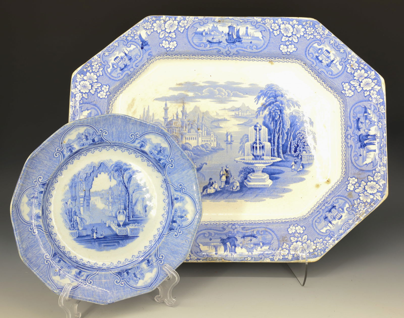 BLUE TRANSFERWARE PLATTER AND PLATE (1 of 5)