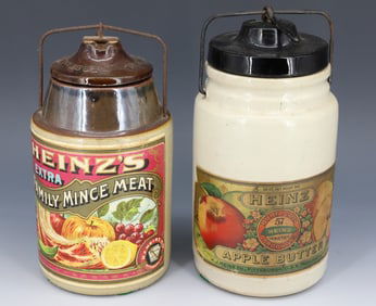 (2) HEINZ STONEWARE CROCKS WITH PAPER LABELS