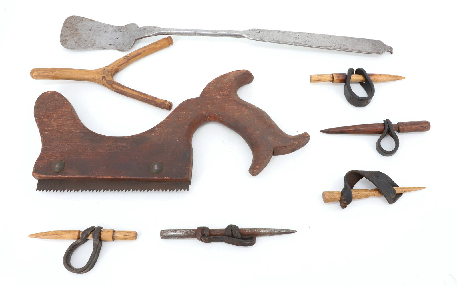 LOT OF COUNTRY ITEMS: HANDMADE CORN HUSKERS, SLINGSHOT, SPATULA 15 1/2" L. AND UNUSUAL SAW. PLEASE READ CAREFULLY - Terms for Purchasing and Shipping of Auction Items. Please read carefully before bidding. Hartzell?s Aucti