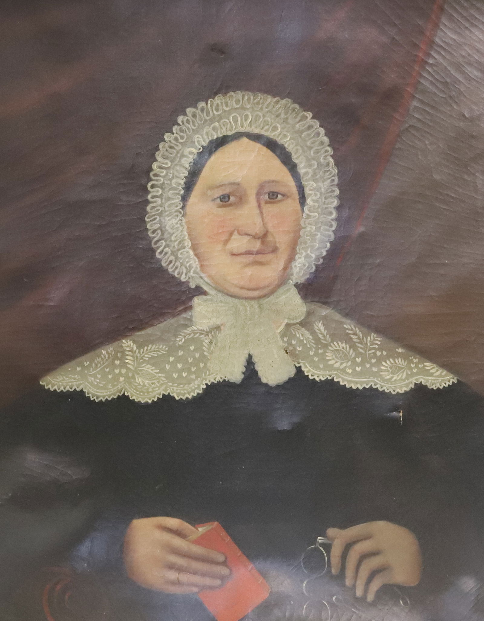 19TH C. PORTRAIT OF A WOMAN: OLDER WOMAN WEARING BLACK WITH LACE BONNET. HOLDING EYEGLASSES AND RED BOOK. UNFRAMED. 30" X 25". MRKD. ON BACK OF CANVAS "PREPARED BY EDWARD DE....., NEW YORK". PLEASE READ CAREFULLY - Terms for Purc
