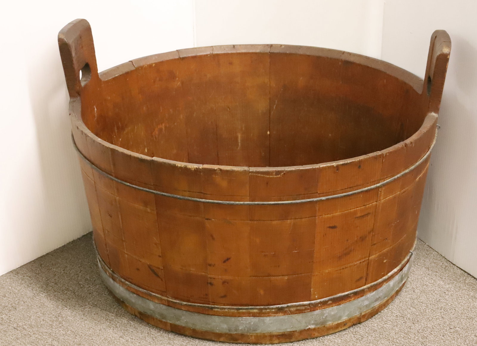 WOODEN WASHTUB: LAUNDRY TUB WITH GALVANIZED WIRE AND BANDING. 25" D. PLEASE READ CAREFULLY - Terms for Purchasing and Shipping of Auction Items. Please read carefully before bidding. Hartzell?s Auction Gallery. Hartz