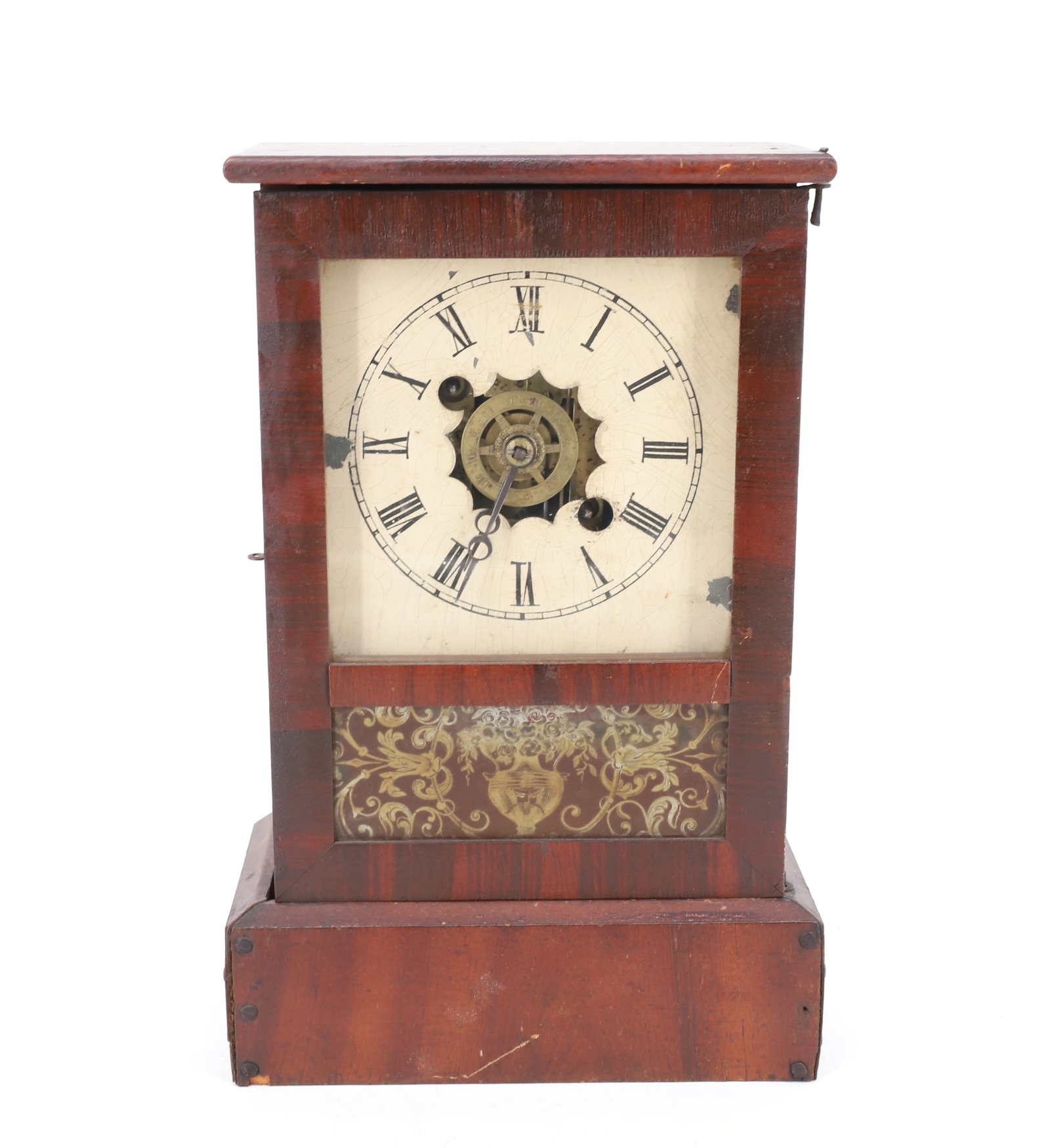 PETITE MANTLE CLOCK: PAINTED METAL FACE WITH REVERSE PAINTING IN DOOR. KEY AND PENDULUM. UNMARKED. 11 1/4" X 7 1/4". PLEASE READ CAREFULLY - Terms for Purchasing and Shipping of Auction Items. Please read carefully before