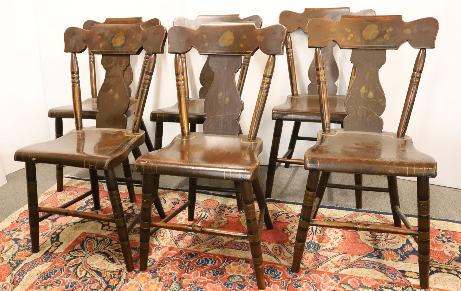 (6) PAINT DECORATED COUNTRY CHAIRS: BROWN PAINTED SURFACES WITH PINSTRIPING AND FLORAL DECORATION. 32" X 15" X 14". PLEASE READ CAREFULLY - Terms for Purchasing and Shipping of Auction Items. Please read carefully before bidding. Hartze