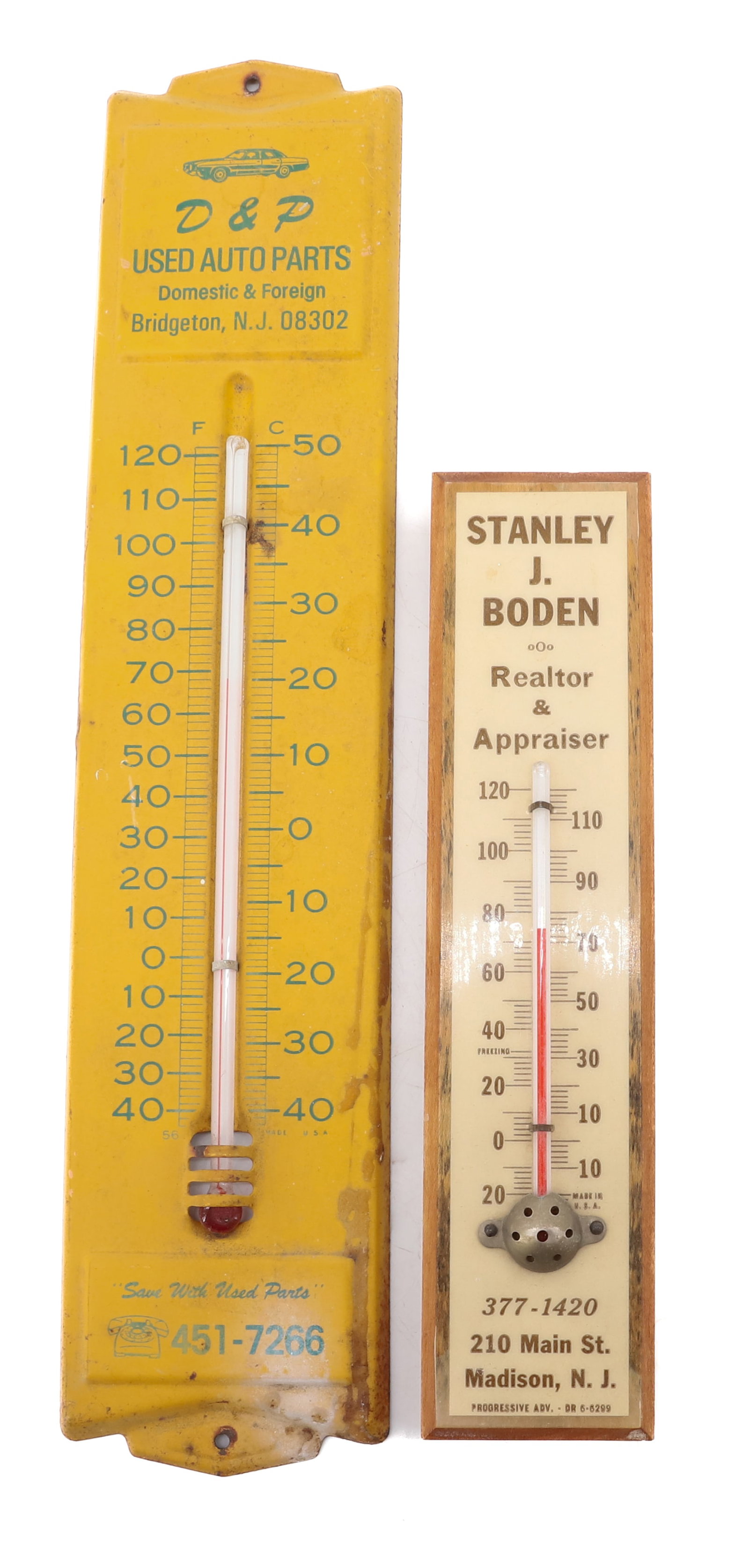 (2) ADVERTISING THERMOMETERS: STANLEY J. BODEN REALTOR / APPRAISER, MADISON, NJ. 8 1/4" L. WITH, PAINTED METAL "D&P USED AUTO PARTS, BRIDGETON, NJ" 12 3/4" L. PLEASE READ CAREFULLY - Terms for Purchasing and Shipping of Auction It